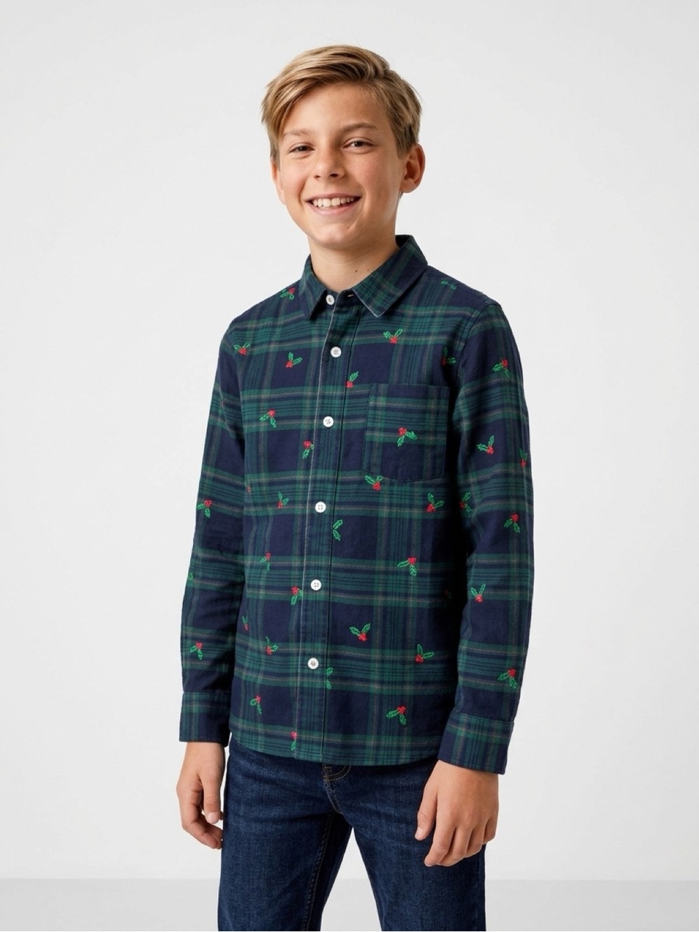 Mini Boden Navy Green Tartan Plaid Holly Berry Embroidered Button-Down Shirt NWT